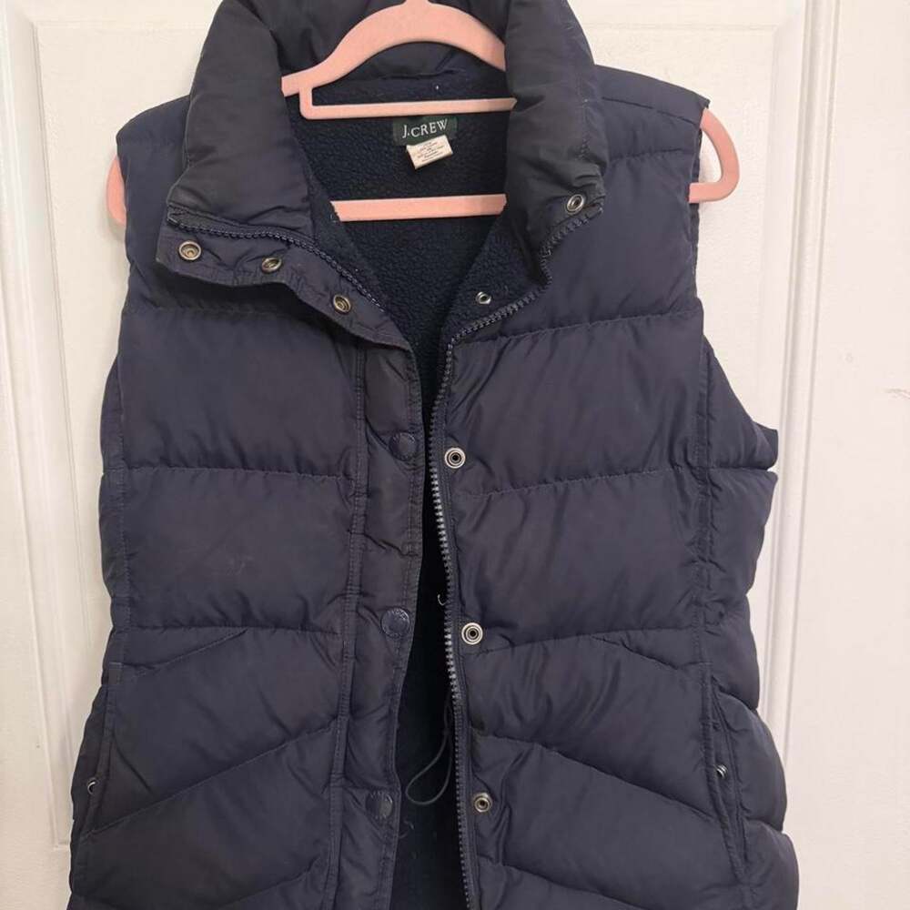 J Crew Navy Blue 80% Down Puffer Vest Fleece Lined Quilted Women's Medium